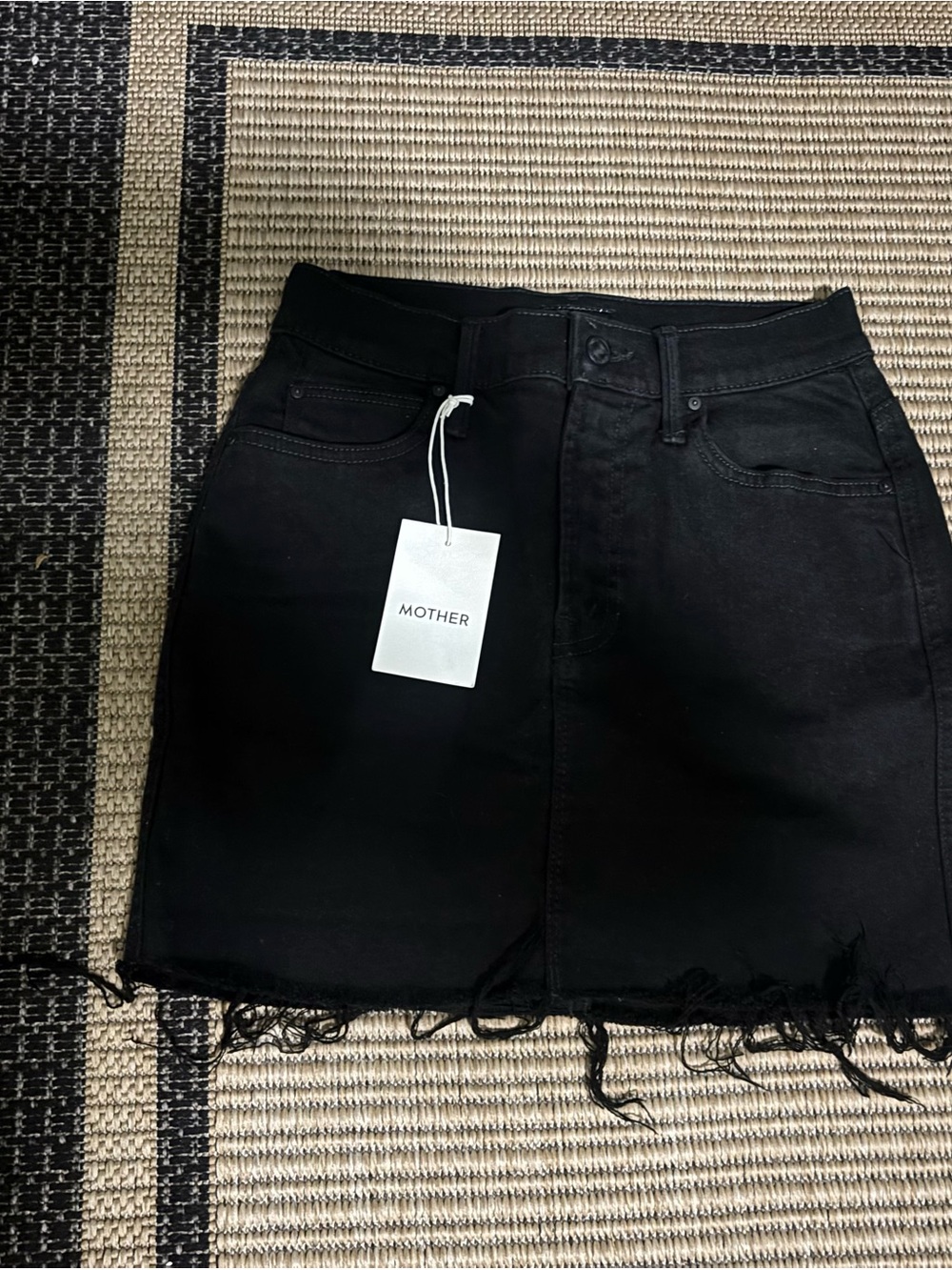 MOTHER Black Raw-Hem Denim Mini Skirt